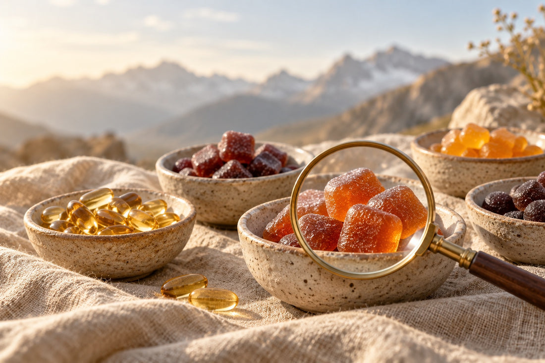 Bowls of gummies and soft-gel capsules with a magnifying glass