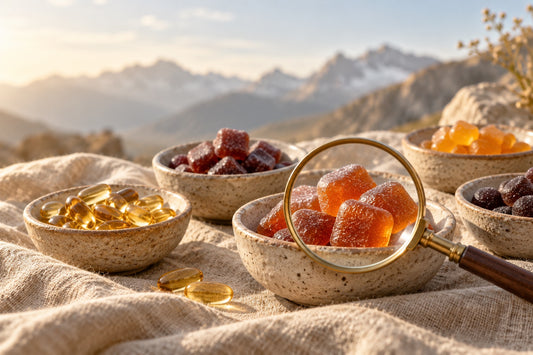 Bowls of gummies and soft-gel capsules with a magnifying glass