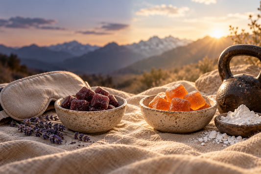 Two bowls of gummies, one beside a sleep mask and lavender, one beside gym chalk and a kettlebell