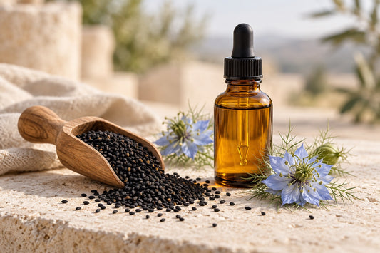 Black nigella seeds in a wooden scoop with a bottle of black seed oil and nigella flowers
