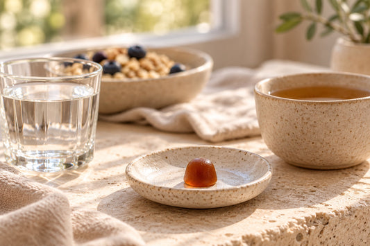 A single shilajit gummy on a breakfast table with tea and water