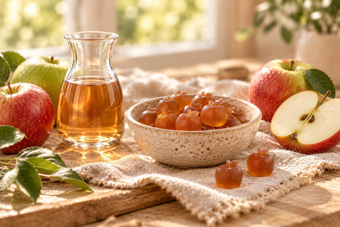 Fresh apples, apple cider vinegar and a bowl of gummies