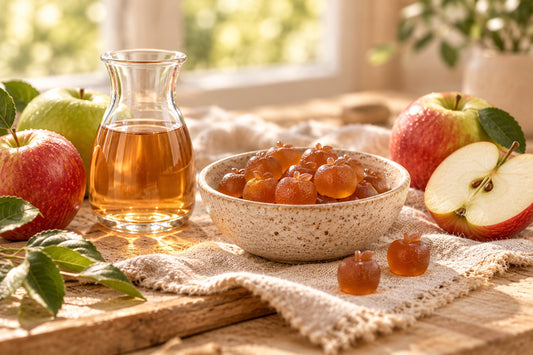 Fresh apples, apple cider vinegar and a bowl of gummies